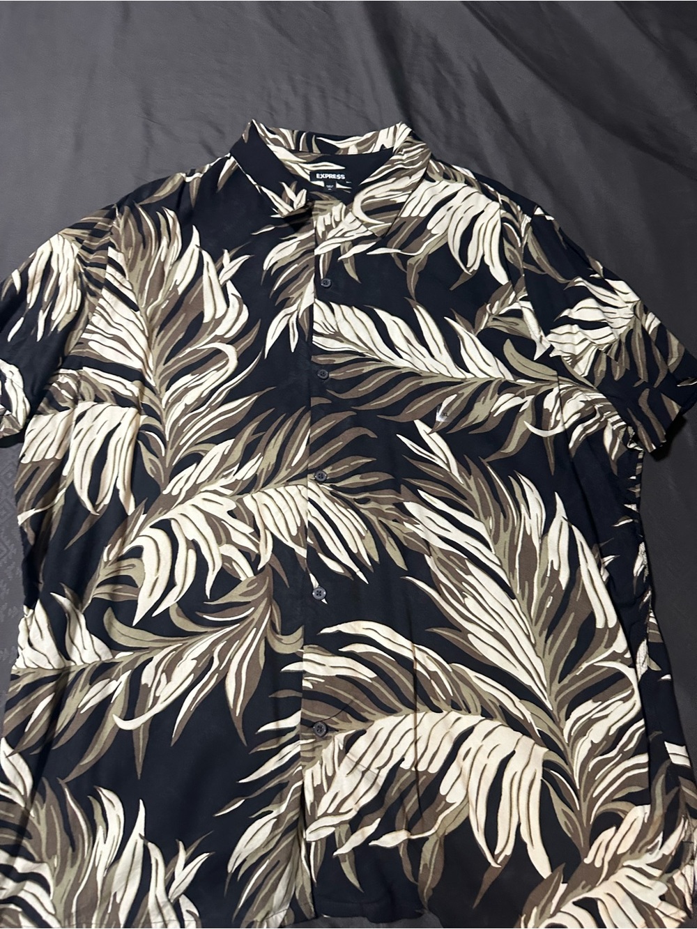 Express Black Short-Sleeve Button-Up Shirt with Cream and Brown Leaf Print